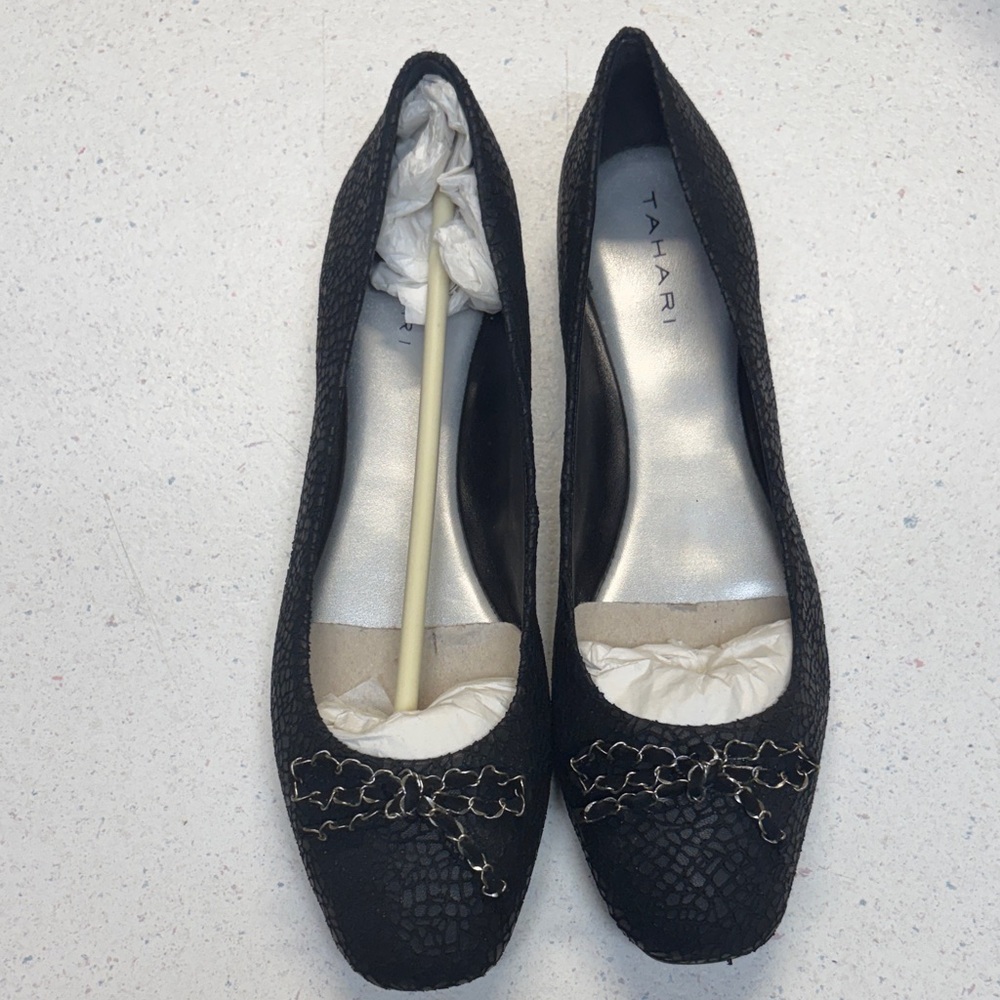 Tahari Black Embossed Ballet Flats with Chain Trim